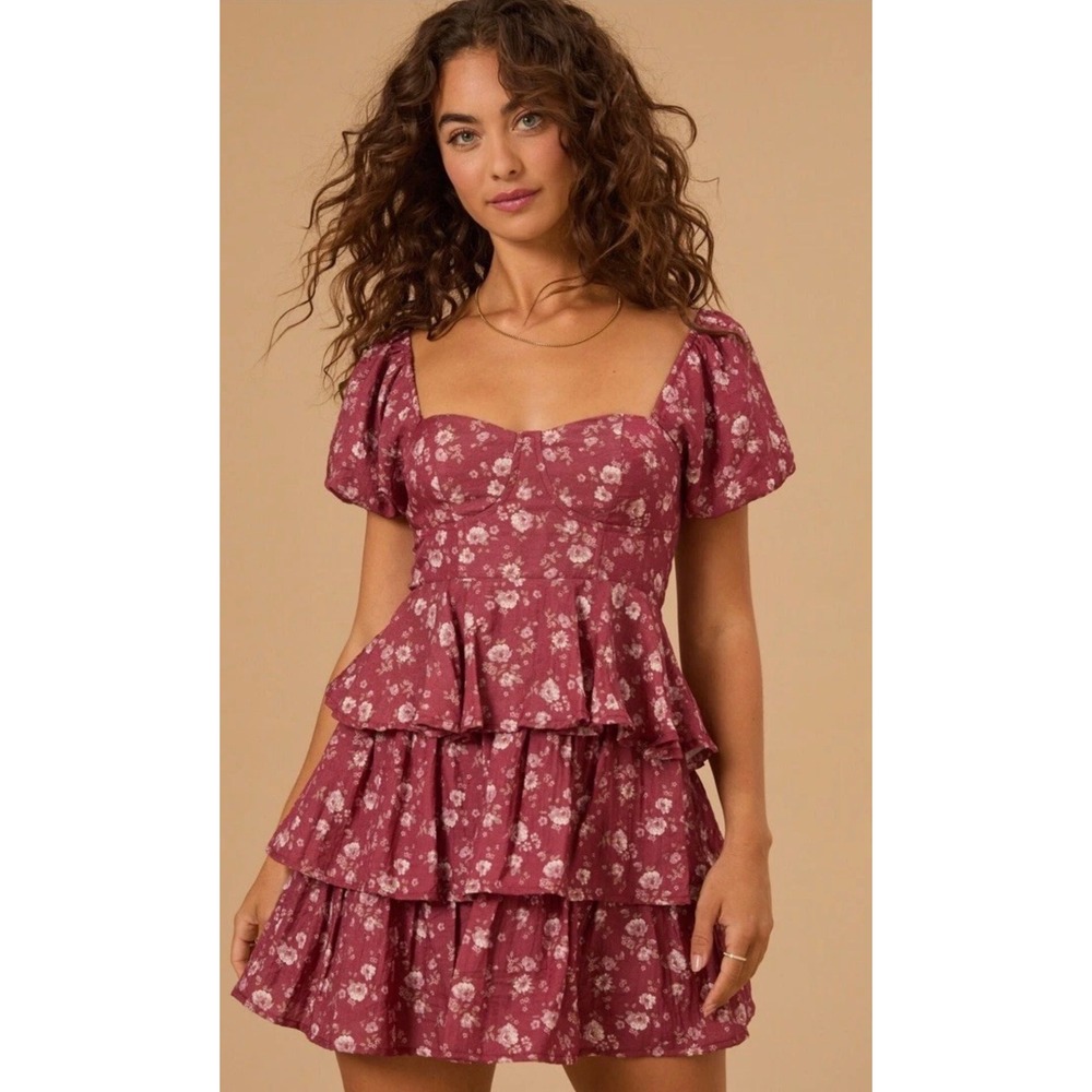 Altar'd State Brynn Floral Mini Dress M Peplum Puff Sleeve Romantic Coquette